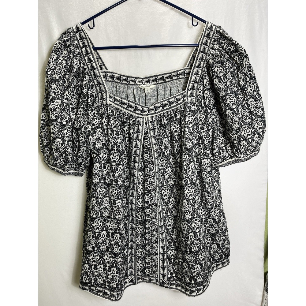 Max Studio Black White Floral Puff Sleeve Neck Blouse Top Women's XL